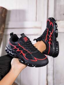 أحذية رياضية رجالية منخفضة الكاحل - أحذية ذات رباط باللونين الأسود والأحمر، مع دعم للقوس، وبطانة مطاطية مبطنة، مناسبة للجيم والجري والرياضة اليومية - خفيفة الوزن ومنفذة للهواء، مناسبة للارتداء اليومي والرياضي، تصميم أنيق، بطانة قماشية - الأسود والأحمر - مشاهدة 5