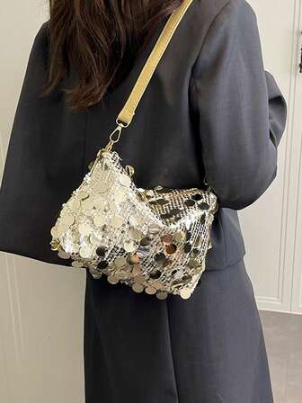 Bolso de noche elegante con lentejuelas - Bolso cruzado elegante con cierre de cremallera y diseño de lentejuelas doradas, perfecto para fiestas y ocasiones formales. Bolso de noche | Acabado brillante | Bolso de material sintético. Adecuado para fiestas, cenas, reuniones familiares, fiestas de cumpleaños y es un excelente regalo para mujeres, madres, maestras