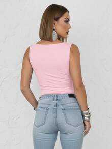 Kit Of 4 Women's Bodysuits, Square Neckline, Wide Straps, Sleeveless, Non-Transparent, With Elastane, Shaping, Versatile, Basic, Simple, Casual, High Fashion, Blogger Style, Foreign Style - 黑白藍粉 - 查看 3
