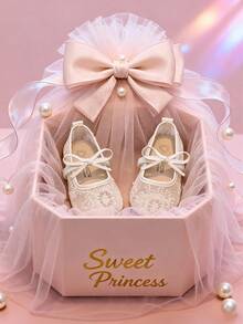 1 Pair Girls Ballet Flats, Suitable For Ballet Dancing, Comfortable To Wear In Spring, Summer And Autumn, With Lace Pattern And Bow Design, Closed Toe, Breathable Fabric, Slip-On - Beige - View 8
