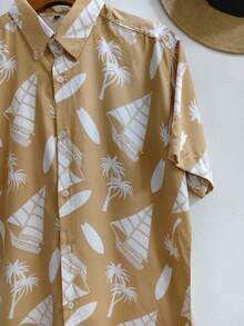 Men's Hawaiian Floral Beach Shirt, Summer Style, Short Sleeve, Button-Down, 100% Viscose Fabric (Shrinks A Little). - 棕色和白色 - 查看 2