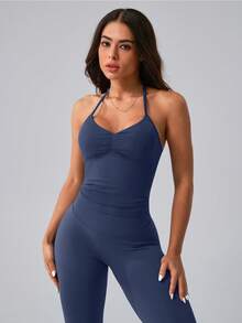 NcmRyu 1 Set Women's Fashion Ribbed Elastic Running Yoga Fitness Exercise Tank Top And Leggings Sports Suit