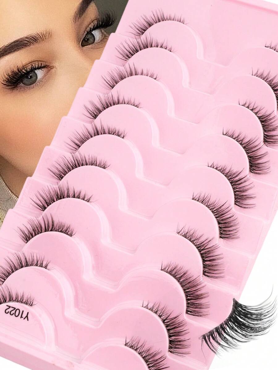10 Pairs Natural Short Eyelashes 5-8mm With Transparent Stem, Delicate Soft Sparse False Eyelashes, Suitable For Small Eyes Ladies Daily Makeup Decoration And Extension - 黑色 - 查看 1