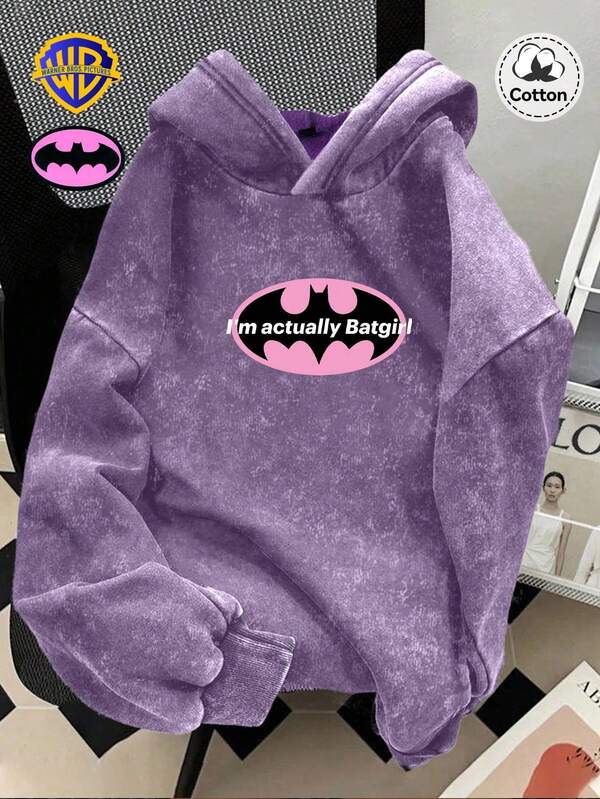 Warner Bros LILL Women's Winter "I'm Actually Batwoman" Pattern Hoodie, Slightly Stretch, Washed Distressed Cotton Purple Pullover Long-Sleeve Hoodie, Casual Everyday Thermal Lined Hoodie