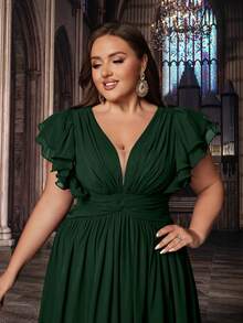 QOQ 浪漫纯色加大码女式礼服伴娘晚礼服适合婚礼、生日派对、正式活动 V 领荷叶边袖礼服 - 墨綠色 - 查看 6