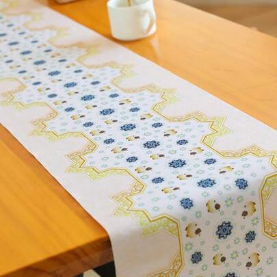 1pc Polyester Rectangular Printed Moon & Star Design Table Runner, Arabic Islamic Festival Dining Party Home Decor