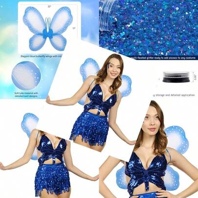 Funcredible Alas de mariposa con purpurina gruesa disfraz de mariposa juego de disfraz de alas de hada disfraz de hadas para mujer Azul Talla única