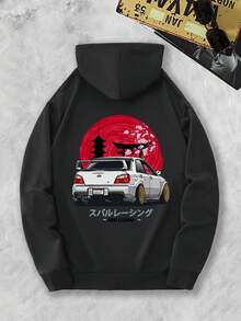 Japanese Style Racing Car With Red Sun And Shrine Background Men's Hoodie Fleece Lined For Warmth Anime Print Design Lazy Casual Campus Style - 黑色 - 查看 3