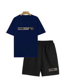 Conjunto de 2 piezas para Hombre con Estampado: Camiseta de Cuello Redondo y Manga Corta y Shorts Cómodos - azul real - Ver 1