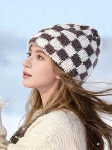 Classic Autumn/Winter Checkerboard Knit Beanie Hat For Women, Korean Fashion Chic, Suitable For Large Head Circumference, Warm Knitted Cap, Versatile Christmas Accessory