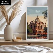1Pc Canvas Framed Wall Art Delhi, Taj Mahal, Architecture, Vintage Illustration Print Painting Poster Picture Home Decor Gift Wall Decorations For Home, Living Room, Bedroom, Bathroom, Office Decor, Ready To Hang, 2D Flat - 彩色 - 查看 6