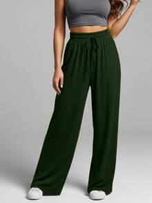 Wide Leg Pants With Flare Leg, Sophisticated Fit, Structured Style, High , Contemporary, Casual, Comfortable, Modern, Chic - 軍綠色 - 查看 9