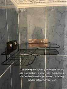 1个壁挂式浴室转角置物架，黑色金属三层收纳架，可放置洗漱用品、护肤品和清洁用品，粘胶安装，适用于淋浴房和盥洗台，非常适合小型浴室、出租房、节假日聚会（圣诞节、新年）——充分利用垂直空间，时尚美观，是整洁浴室的必备单品，也是家居收纳爱好者的理想礼物。#浴室转角置物架 #洗漱用品收纳架 #小型浴室解决方案 #租房友好 #家居收纳礼物 - 彩色 - 查看 11