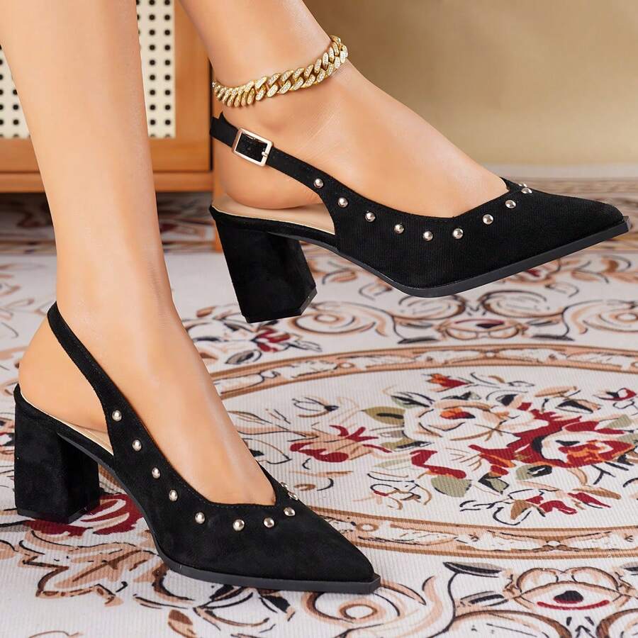 New Vintage Pointed Toe Rivet Decor Chunky Heel Sandals, Strap Versatile Slip-On Flats For Office Wear