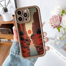 Cubierta de teléfono con diseño de paisaje desértico rojo y atardecer para iPhone 14 Pro Max color negro con estampado de cañón y sol naranja ideal para uso diario y viajes - Negro - Ver 5