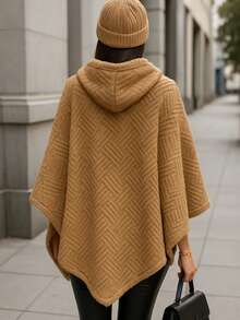 Capa poncho asimétrico largo con capucha para mujer, estilo casual, con detalles de cordón ligero sin forro - Camel - Ver 2