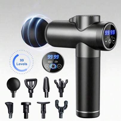 1支按摩枪，深层组织背部按摩器，强力冲击式按摩枪，旅行按摩器，便携式冲击波电动肌肉按摩器，颈部按摩器，99档速度调节，液晶显示屏，8个可更换按摩头，便携式手持健身器材，适合家庭和办公室使用，缓解肌肉紧张