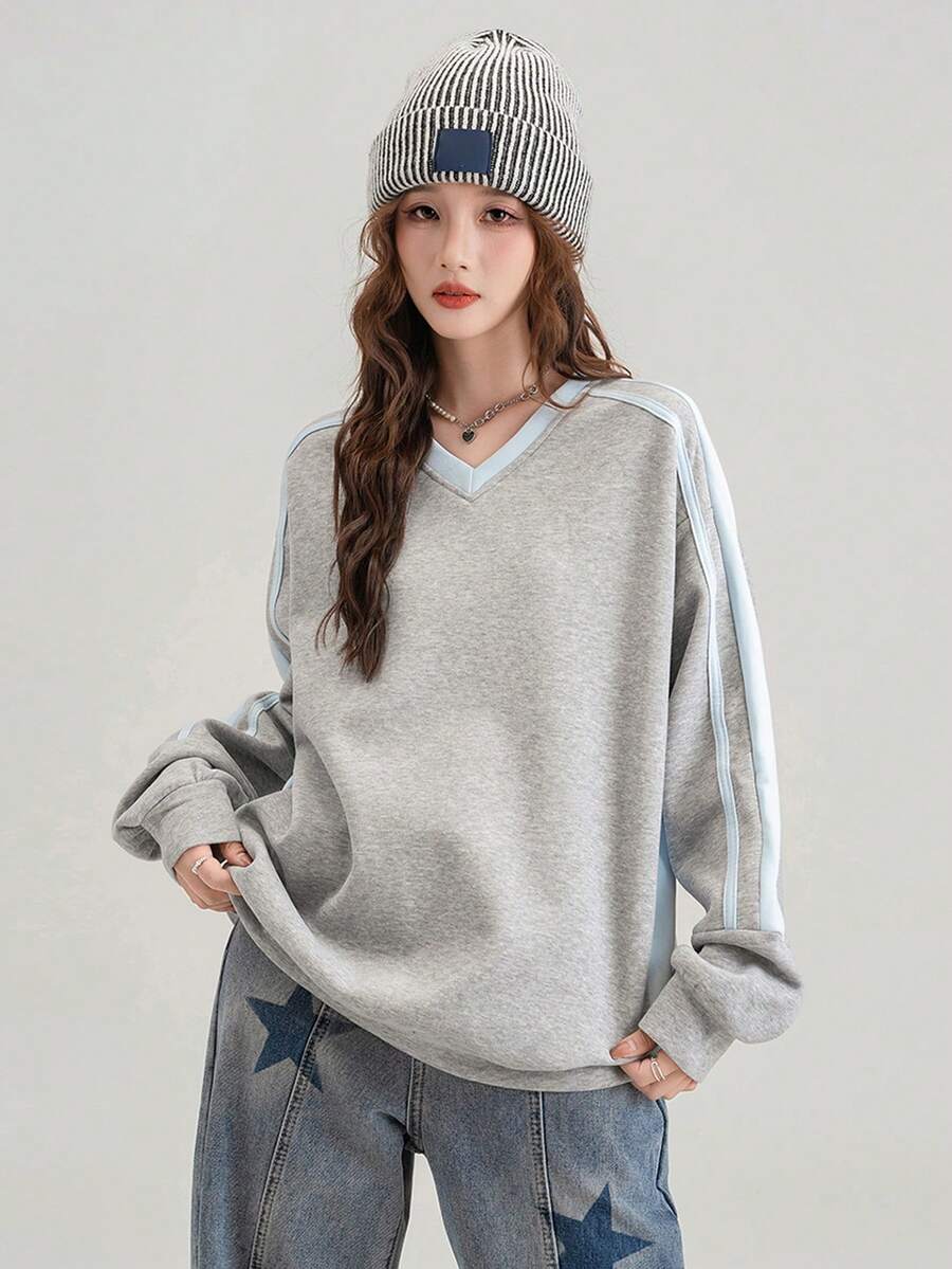 Stylish Patchwork Striped V-Neck Sweatshirt For Women, Casual Loose Pullover Top For Commuting, Autumn - 939 Gray and Blue - View 1