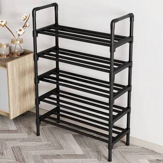 3-8 Tier Reinforced Simple Shoe Rack, 45/58cm Length, Multi-Layer Shoe Storage Organizer, Dust-Proof, For Home, Dorm, Rental, Entryway, Black