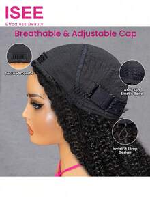 ISEE Half Wig Human Hair Glueless Wigs Upgrade 3 IN 1 Half Wig With Drawstring Seamless Clip Ins Flip Over Kinky Curly Human Hair No Glue No Lace For Women 180% Density 14-28 Inch - SNatural - View 7