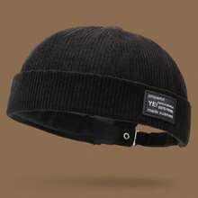 Mũ len nhung kẻ unisex phối da, mũ beanie màu trơn kiểu Nhật, mũ tang cổ điển, phù hợp cho cả nam và nữ, phong cách Hàn Quốc thường ngày cho mùa thu/đông. - A - Xem 3