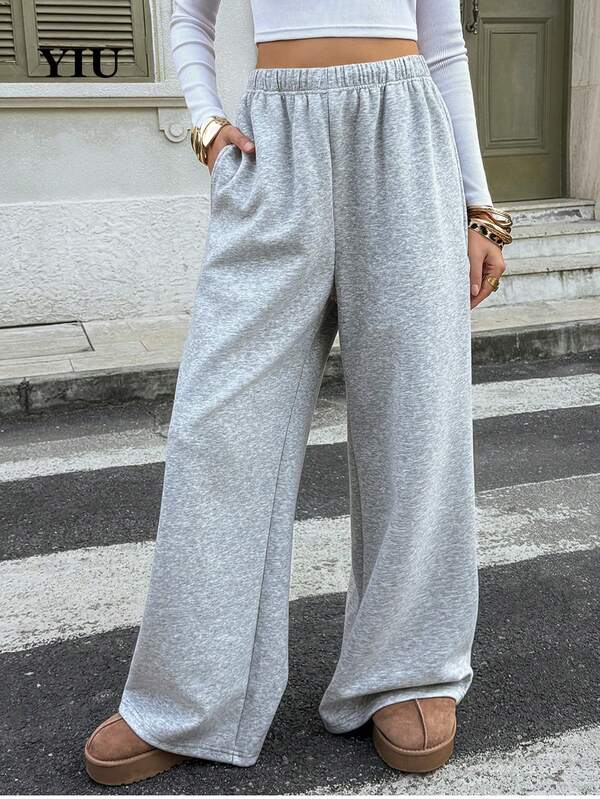 YIU Women's Casual Knitted Wide Leg Long Sweatpants With Slight Stretch For Everyday Comfort Light Grey Pants New Year Winter Clothes For Women