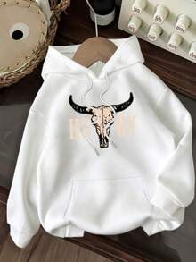 Sudadera con capucha para mujer, estilo vaquero occidental, con bolsillo, mangas largas y diseño gráfico "Body D", blanco con letras negras, ideal para primavera, otoño e invierno. - Blanco - Ver 1