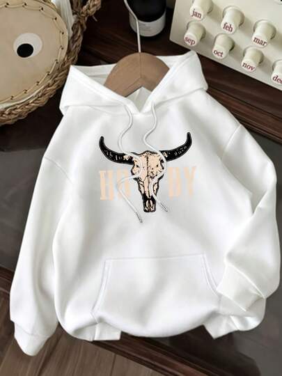 Sudadera con capucha para mujer, estilo vaquero occidental, con bolsillo, mangas largas y diseño gráfico "Body D", blanco con letras negras, ideal para primavera, otoño e invierno.
