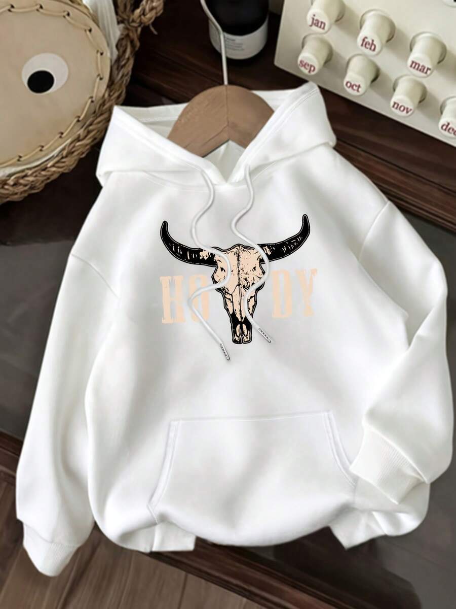Sudadera con capucha para mujer, estilo vaquero occidental, con bolsillo, mangas largas y diseño gráfico "Body D", blanco con letras negras, ideal para primavera, otoño e invierno. - Blanco - Ver 1