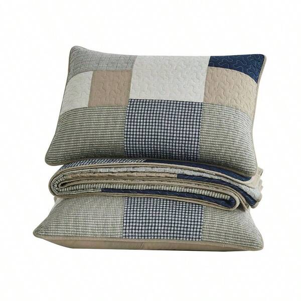 Addy 3-Piece Navy Blue White Gray Taupe Plaid Patchwork Quilt Set - Pre-Washed Cotton Coverlet - Lightw...