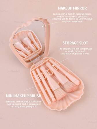Set de 5 piezas de brochas de maquillaje con diseño de concha - brocha de base, brocha de sombra de ojos, brocha de polvo, brocha de rubor, espejo de maquillaje portátil, amigable para viajar, set de brochas, kit de brochas de maquillaje, set de brochas de maquillaje, kit de maquillaje completo, set de brochas de maquillaje, kit de maquillaje completo, kit de brochas, set de brochas de maquillaje, set de regalo de maquillaje, set