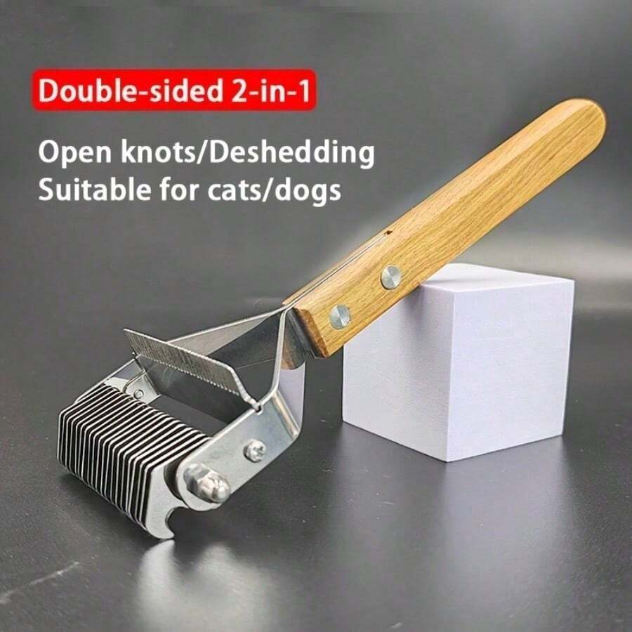 2-In-1 Dog Grooming Tool - Dematting Comb & Deshedding Brush For Long & Medium Hair - Stainless Steel, Ergonomic Wooden Handle - Removes Tangles, Loose Fur & Undercoat, Gentle, Cats - Lược gỡ rối (2 trong 1) - Xem 1