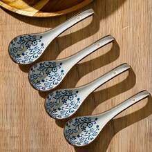 4/5pcs Asian Ceramic Spoon, With Long Handle, Easy To Grasp, Anti Slip Bottom, Suitable For Japanese Lamian Noodles, Chinese And Vietnamese Wonton, Noodle Spoon
