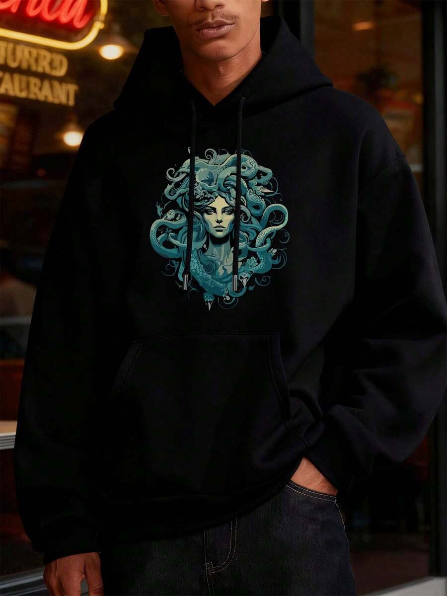 PLUS SIZE Cool Men's Medusa Print Hoodie Premium Fabric, Crew Neck, Relaxed Fit, Comfortable, Art Print