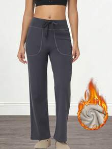 3 Pieces Of Women's Casual Solid Color Drawstring Waist Sports Pants, Women's Solid Color Thermal Insulation Pants, Sports Yoga Pants, Casual Sports Pants, Outdoor Sports Pants, Wide Leg High Waist Side Pocket Casual Pants, Autumn And Winter Daily Casual Graduation And School Clothes, Female Teacher Clothes - 灰色 - 查看 5