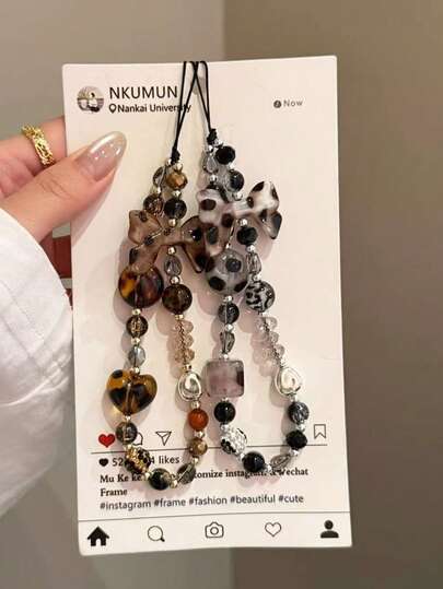 1pc Leopard Print Bow Decor Phone Lanyard, Handmade Beaded Phone Pendant, Phone Strap, CD/Camera Anti-Lost Chain, Bag Charm, Keychain, Compatible With Apple IPods Pro Bluetooth Earphone Case, Autumn/Winter Gift