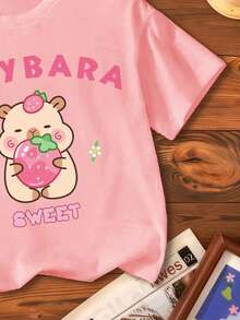 Young Girls Casual Cartoon Print Short Sleeve T-Shirt, Summer - Pink - View 5