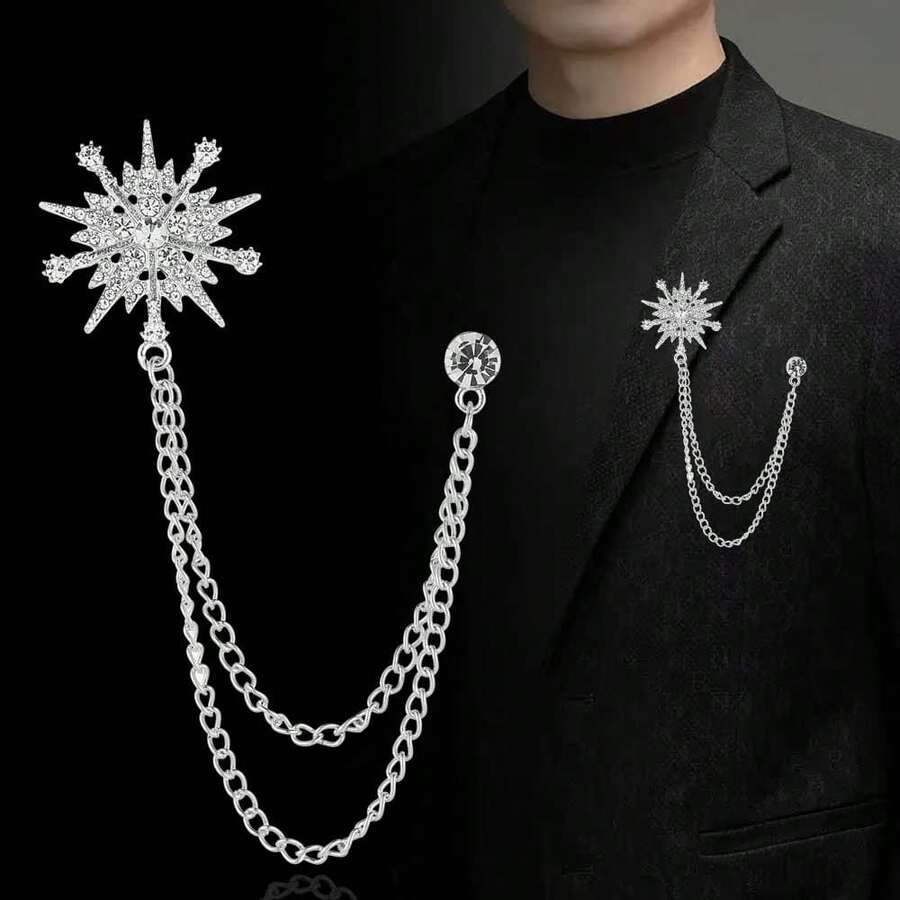 1 Peça Broche de Pino de Estrela Pentagrama de Corrente de Metal de Duas Camadas com Strass, Adequado para Uso durante o Ramadã no Oriente Médio, Decoração de Camisa de Terno Empresarial para Banquete, Festa, Casamento, Formatura, Ocasiões Formais, Presente de Aniversário