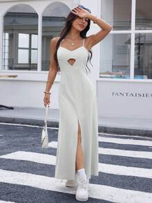 REF:AS1826 - Long Dress With Thin Straps And Front Slit: Elegance And Sensuality In The Same Look - White - View 5