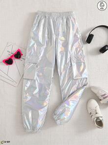 Girls' Laser Iridescent Cargo Pants, Fashion And Eye-Catching, Feature Large Pockets That Combine Personality And Practicality, Light Up Street Fashion, And Are Suitable For Streets, Music Festivals And Fashion Shows. - Bạc - Xem 8