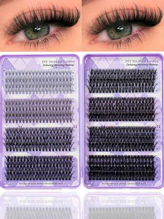 640 piezas, 200 piezas, rizo D, grupos de pestañas individuales de 10-16 mm, 10D+20D+30D+40D / 50D+60D+80D+100D, aspecto natural y extra grueso, kit reutilizable de extensión de pestañas individuales, kit reutilizable de pestañas postizas individuales segmentadas para uso diario o salir