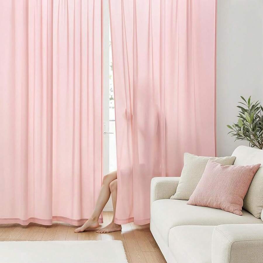 White Privacy Sheer Curtains 84 Inch, Light Filtering 2 Panels Set - Pink - View 1