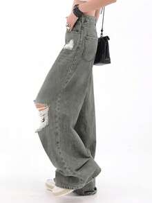Women's Distressed Straight Leg Jeans Casual Spring - Grey - View 2