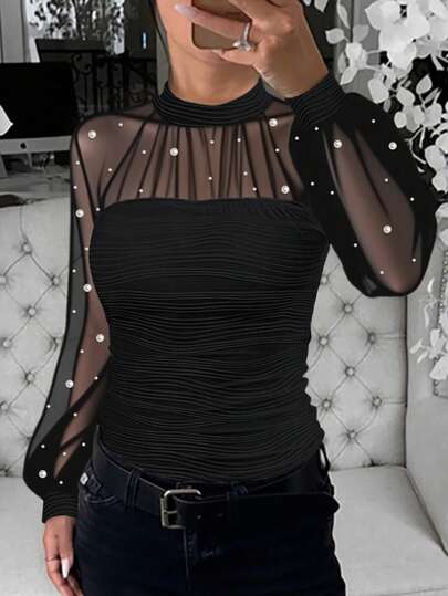 ChicMe Women Pearls Decor Mock Neck Sheer Mesh Spliced Ruched Balloon Sleeve Tee Hollow-Out Back Slim Fit Textured Top Casual Office Streetwear