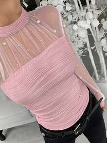 ChicMe Áo thun nữ cổ cao đính ngọc trai, chất liệu lưới xuyên thấu, phối ren, tay phồng, kiểu dáng hở lưng, phong cách công sở thường ngày. - Hồng - Xem 4