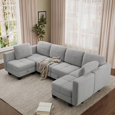 Jooli H U Shaped Sofa With Storage, Fabric Sectional Modular Sofa With Upholstered Cushion And Removable Back Cushion Covers For Living Room, Grey