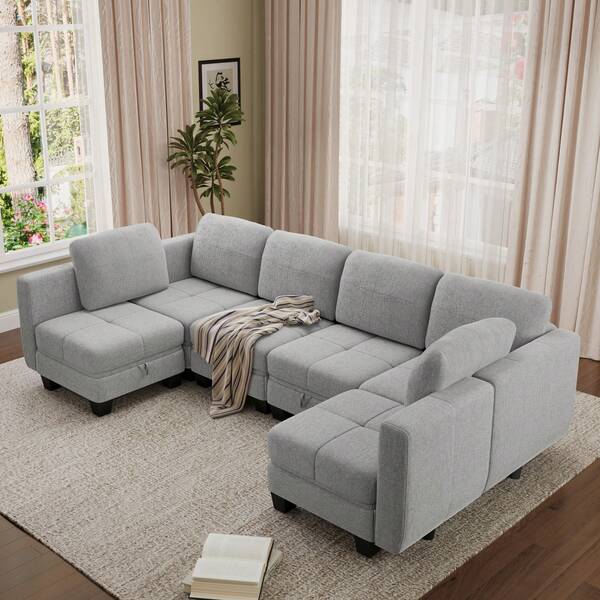Jooli H U Shaped Sofa With Storage, Fabric Sectional Modular Sofa With Upholstered Cushion And Removable Back Cushion Covers For Living Room, Grey