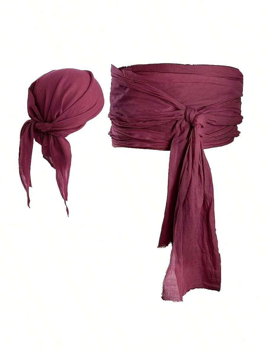 Halloween Pirate Headscarf, Hat, Accessories, Pirate Belt, Soft Material Decorations - 酒紅色 - 查看 1