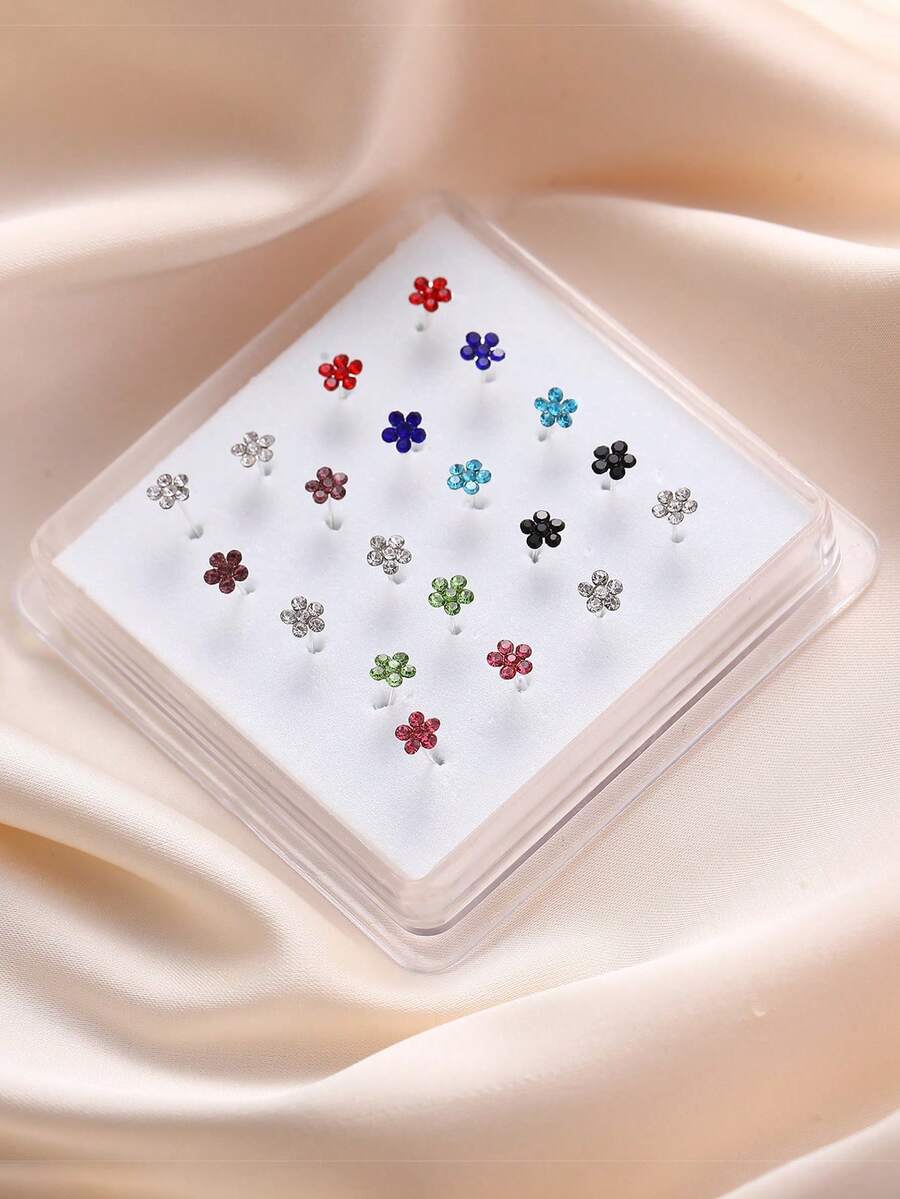 Nooxian Set de 20 piezas de Pendientes y Anillos para la Nariz con Flor de Ciruelo Colorida, Anillos de Perforación de Nariz con Flores de Rhinestone de Moda para Mujeres - Multicolor - Ver 1