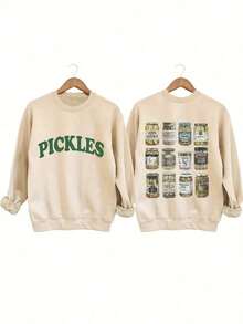 [Olive Green Sweatshirt] Soft Olive Green Crewneck Sweatshirt |     PICKLES Letter Print & Pickle Jar Graphic - Mid-Stretch Fabric, Machine Washable - 杏色 - 查看 1
